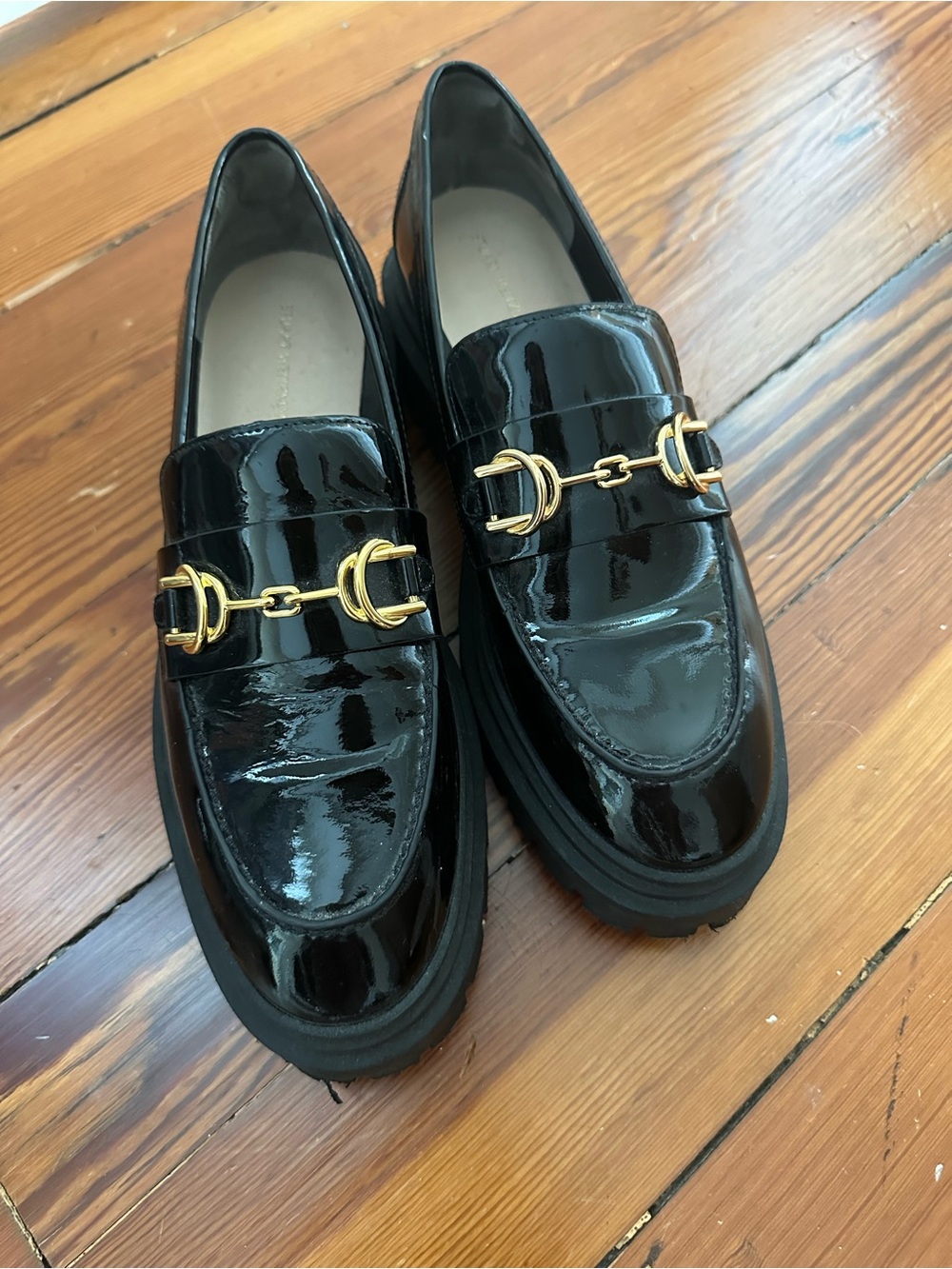Stuart Weitzman Black Patent Leather Gold-Bit Loafers